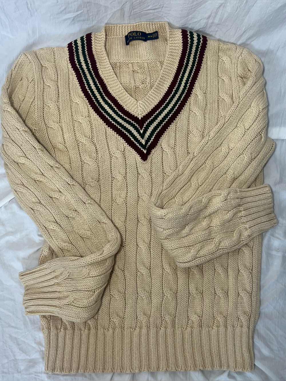 Polo Ralph Lauren Linen Cotton Cricket Tennis Cable Knit V Neck Sweater M